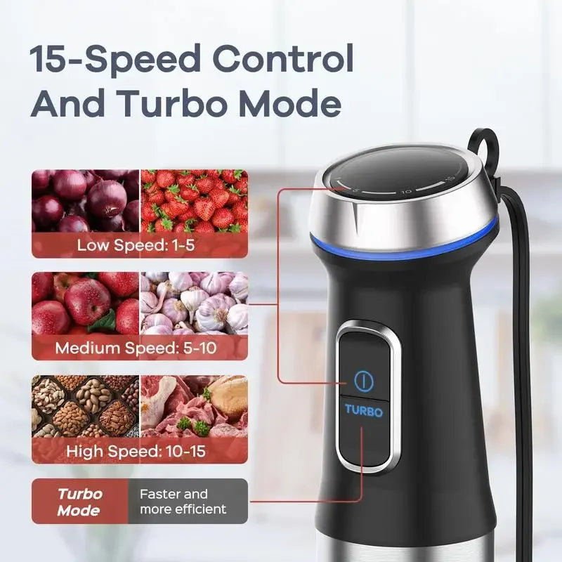 Commercial Blender 5in1 Hand Blender, 16 Speed Mode Handheld Blender Stainless Steel Blade